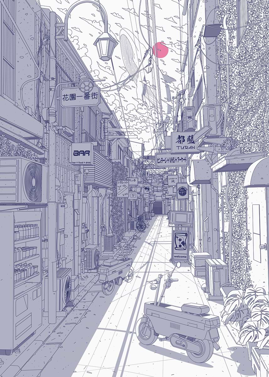 Detailed Japanese Alleyway Line Art' Poster, picture, metal print
