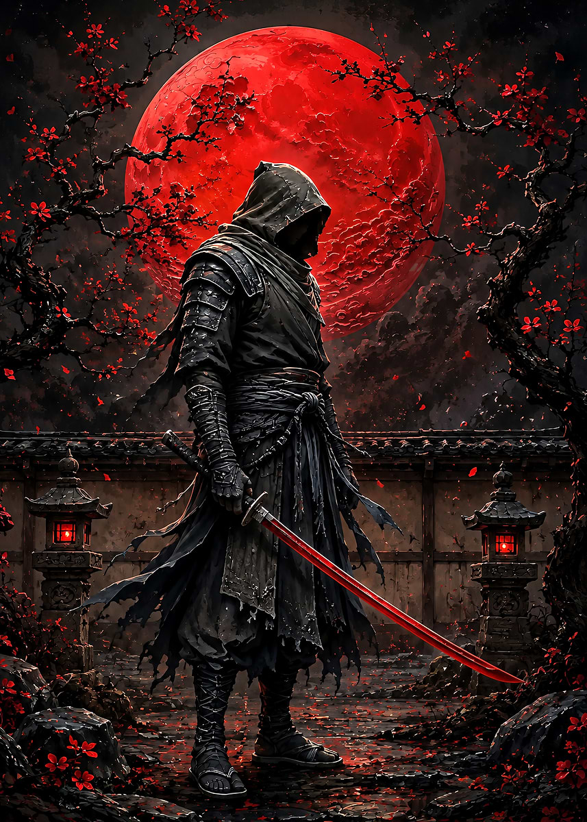 Shadow Ninja Under Red Moon' Poster, picture, metal print, paint
