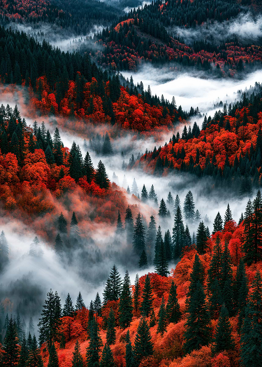 Misty Autumn Mountain Forest — from the Sanctuaries Of Nature collection, a Pixaverse metal print
