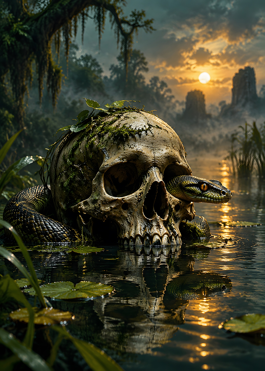 Custom Rattlesnake Logo Snake Emerging from Mossy Skull Poster, Picture & Metal Print – Dark ...