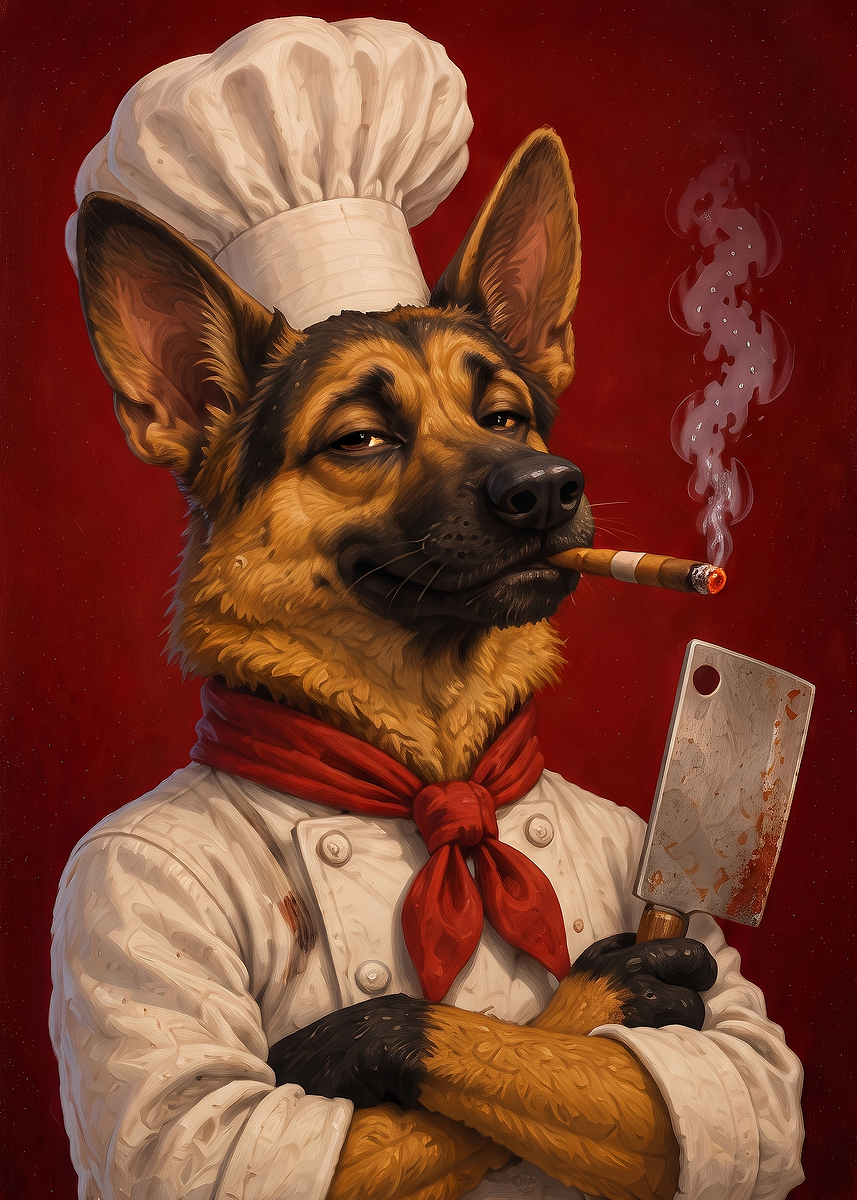'German Shepherd Chef with Cleaver' Poster, picture, metal print, paint ...