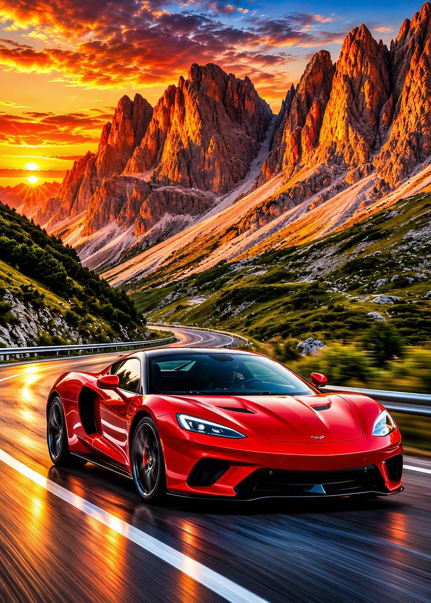 Red Sports Car Driving Through Mountains Poster, Picture & Metal Print ...