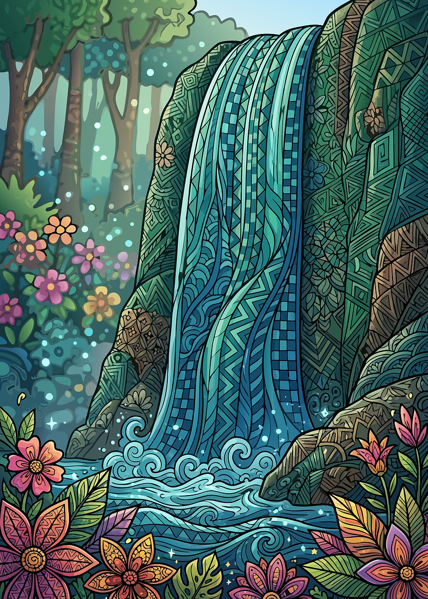 Patterned Doodle Waterfall in Enchanted Forest Poster, Picture & Metal ...