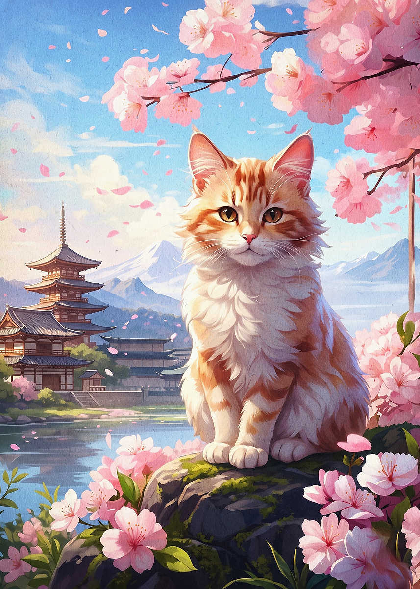 Cat Japan Cherry Blossom Art Poster, Picture & Metal Print – Animals ...