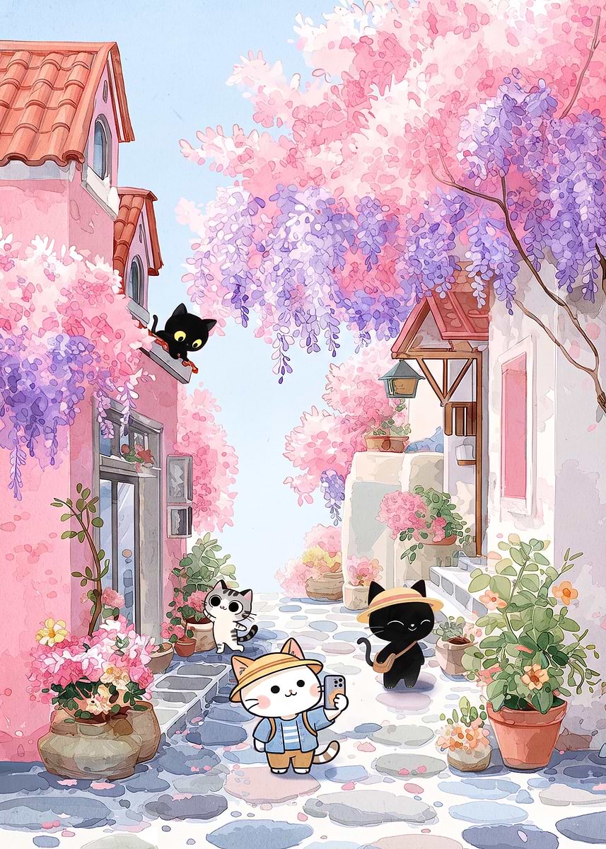 Cute Cats Exploring a Floral Alley Poster, Picture & Metal Print ...