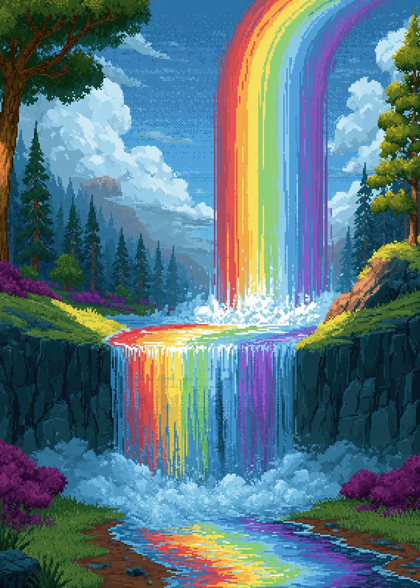 Pixel Star Mini Pixel Art Rainbow Waterfall Landscape Poster, Picture & Metal Print ...