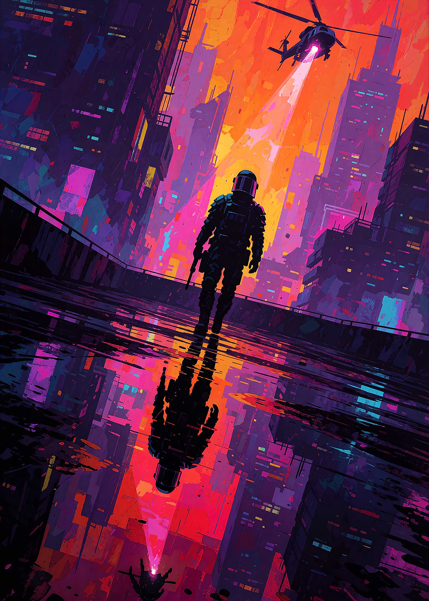 Cyberpunk Soldier Under Neon City Skies Poster, Picture & Metal Print ...