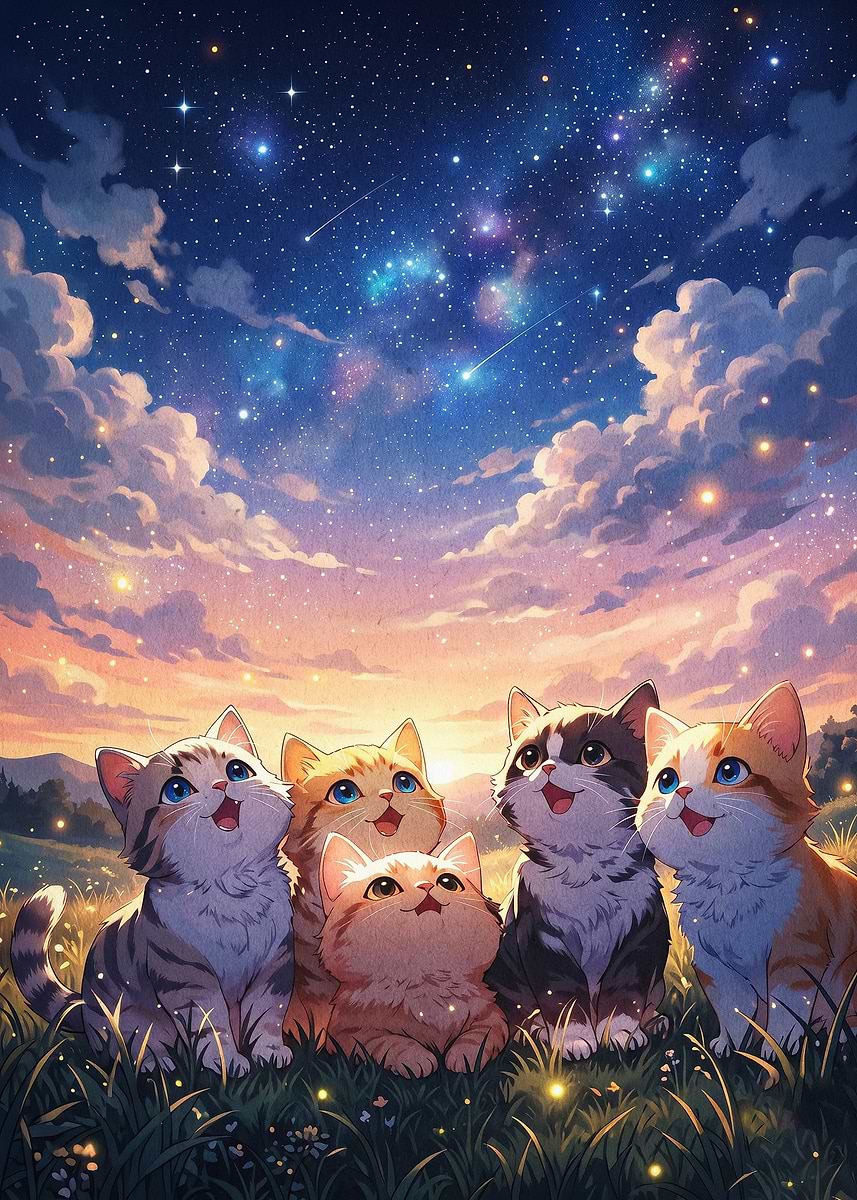 Cats Stargazing Cute Fantasy Art Poster, Picture & Metal Print – Pets ...