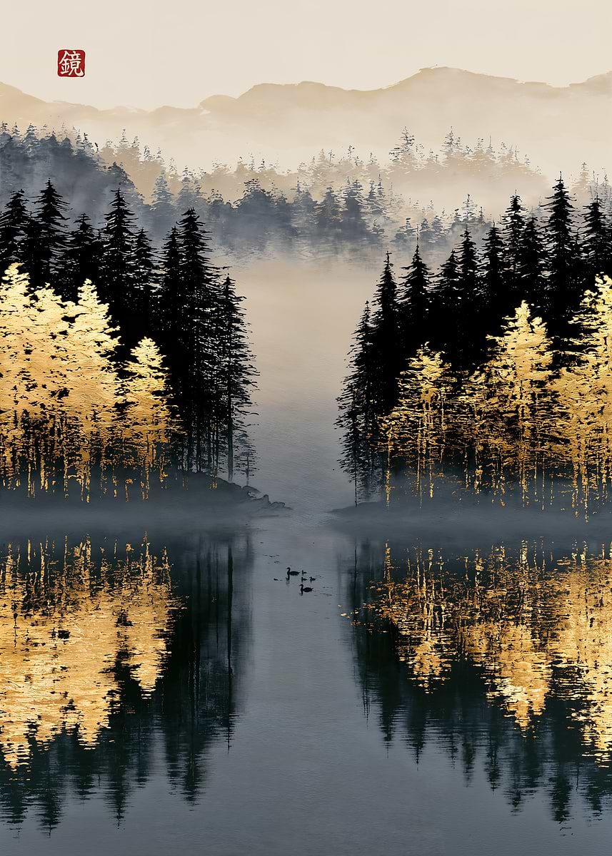Still Lake of Golden Larches — from the Sumi And Gold collection, a Pixaverse metal print