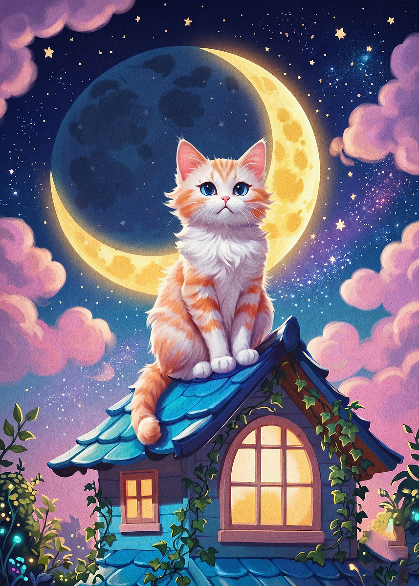 Cat Moon Roof Fantasy Art Poster Poster, Picture & Metal Print ...