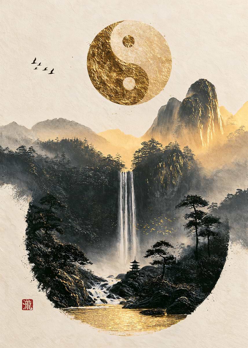 Waterfall of Yin and Yang — from the Sumi And Gold collection, a Pixaverse metal print