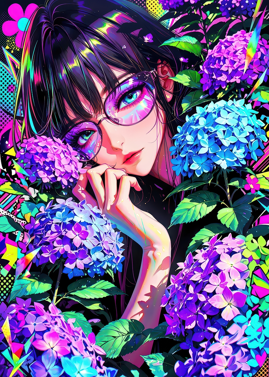 Anime Girl Among Vibrant Hydrangeas Poster, Picture & Metal Print ...