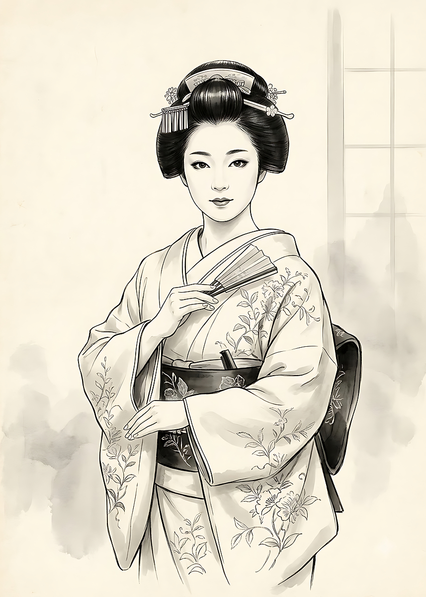 Traditional Geisha Mirror Elegant Geisha in Traditional Kimono Poster, Picture & Metal Print ...