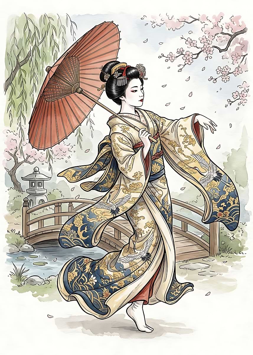 Geisha with Umbrella in Spring Garden Poster, Picture & Metal Print ...