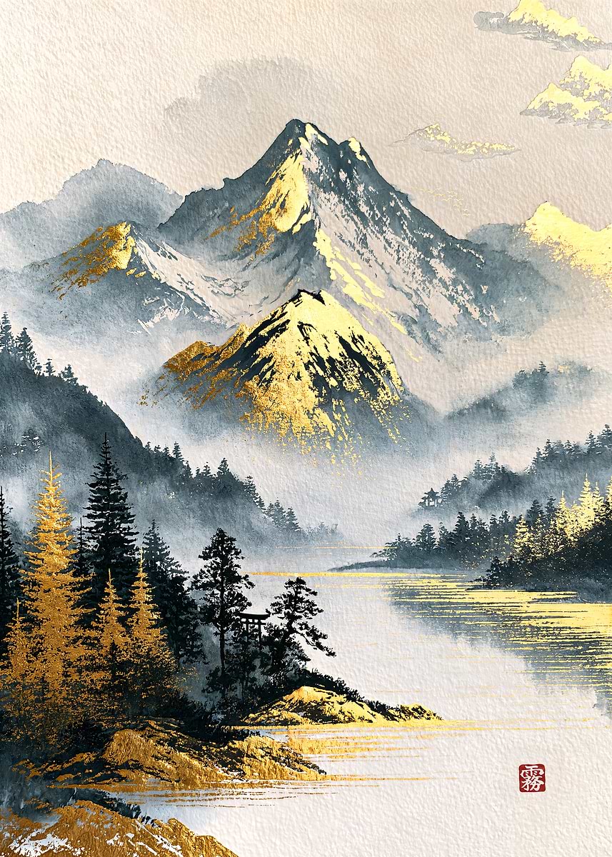 Golden Peaks in Mist — from the Sumi And Gold collection, a Pixaverse metal print