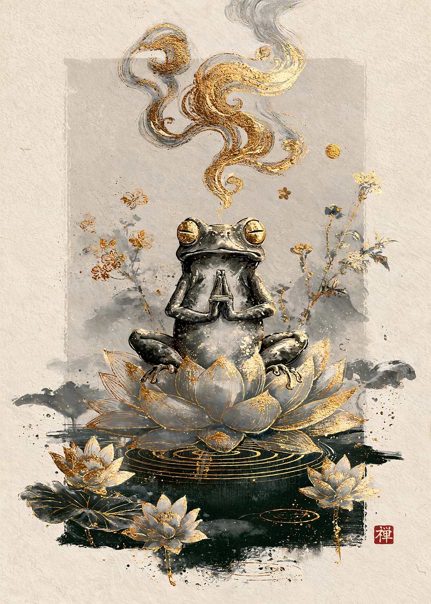 Zen Frog on a Golden Lotus — from the Sumi And Gold collection, a Pixaverse metal print