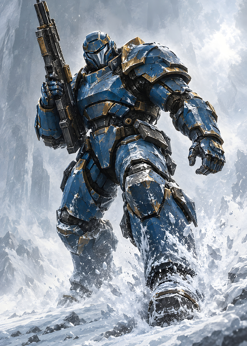 Blue Armored Soldier in Snow Poster, Picture & Metal Print – Mecha ...