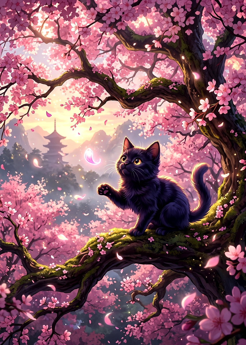 Black Cat in Cherry Blossom Tree Poster, Picture & Metal Print ...