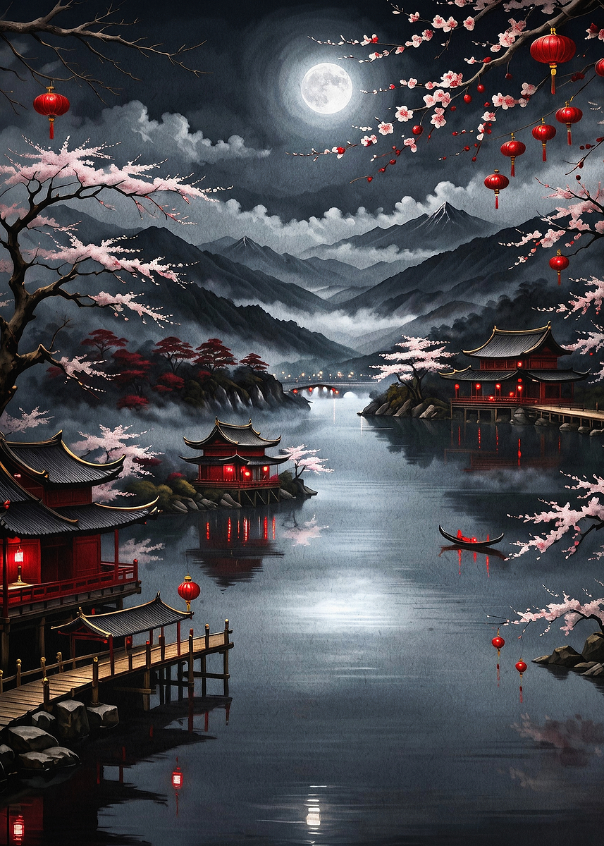 Japan Night Cherry Blossom Art Poster, Picture & Metal Print ...