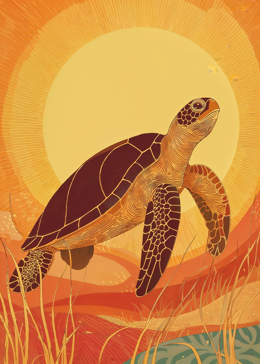 Sea Turtle Gliding Before A Golden Sun Poster, Picture & Metal Print ...