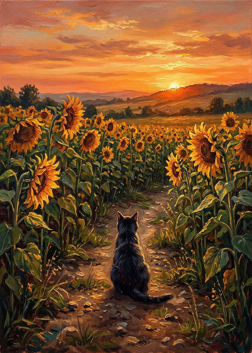Poster Picture Black Cat in Sunflower Field Poster, Picture & Metal Print – Landscapes ...