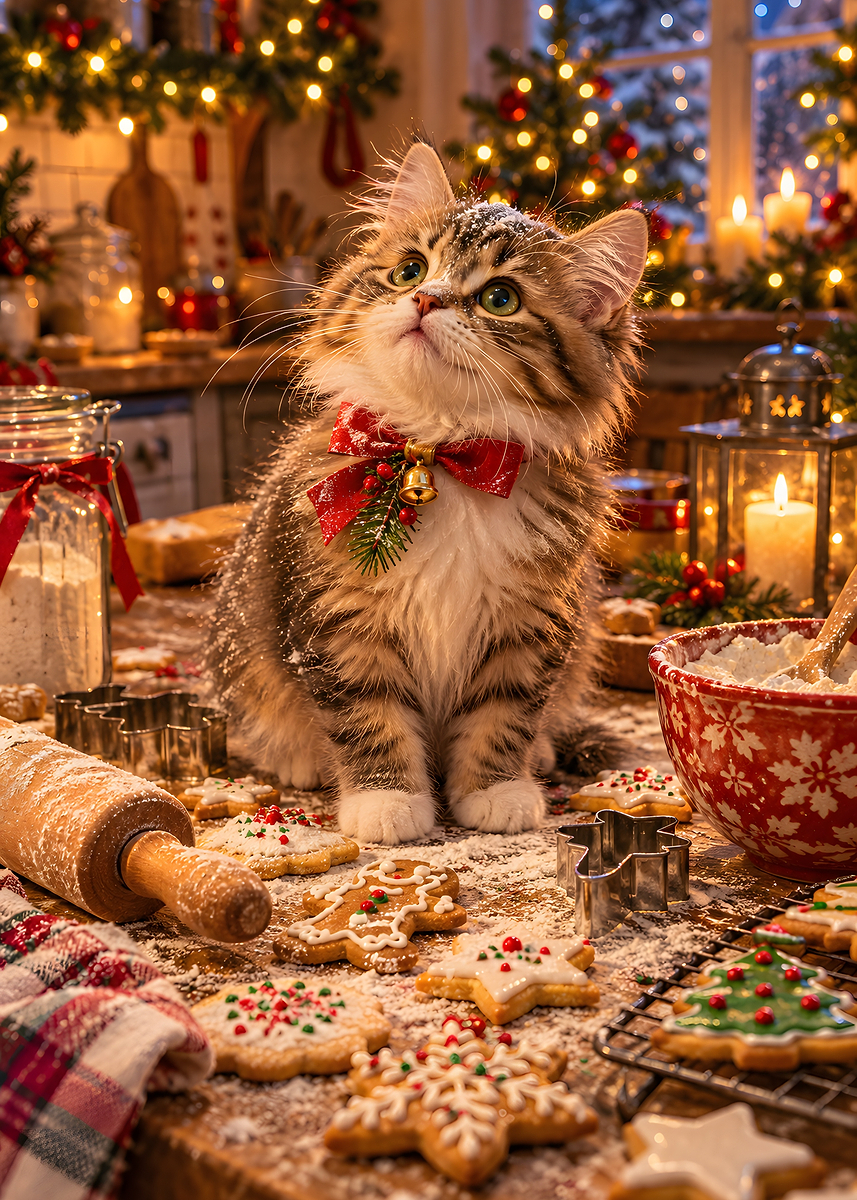 Tabby Kitten Baking Christmas Cookies Poster, Picture & Metal Print ...