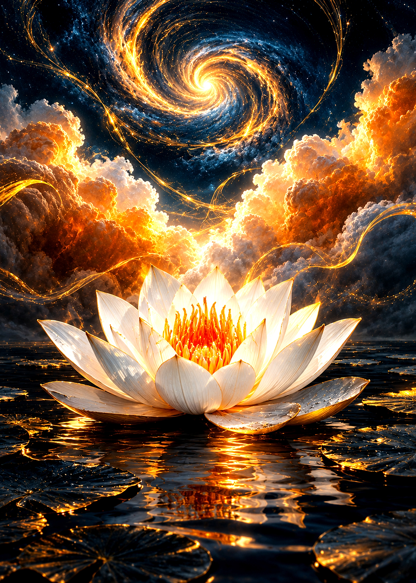 Poster Picture Glowing Lotus Under Cosmic Spiral Poster, Picture & Metal Print ...