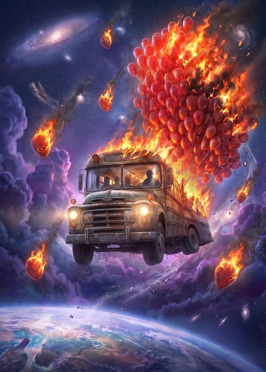 Poster Picture Burning School Bus Floating in Space Poster, Picture & Metal Print ...