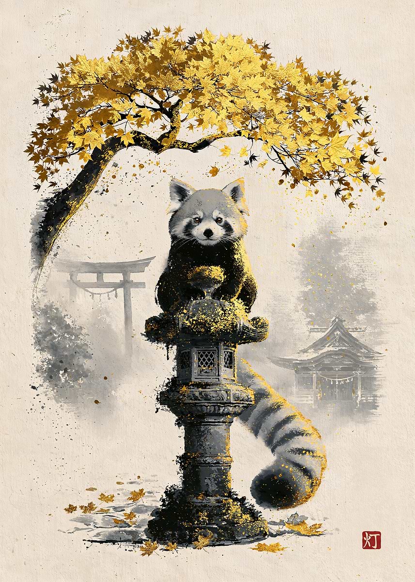 The Red Panda's Lantern — from the Sumi And Gold collection, a Pixaverse metal print