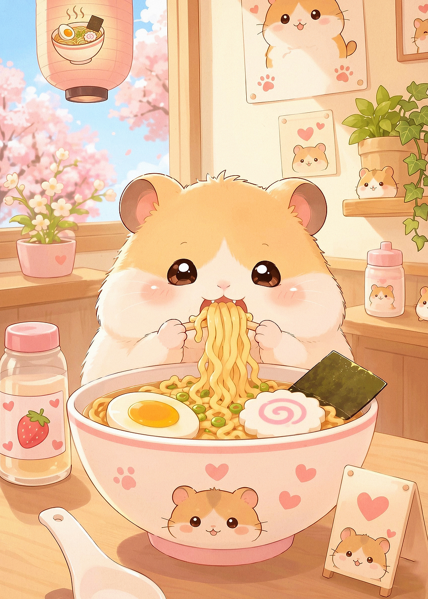 Poster Picture Hamster Ramen Cute Anime Art Poster, Picture & Metal Print – Kawaii ...