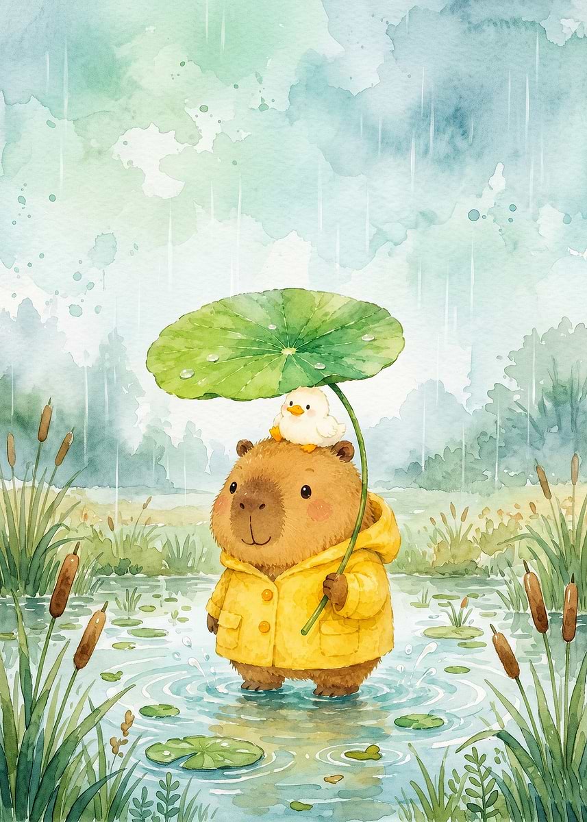 Poster Picture Capybara Duck Raincoat Watercolor Poster, Picture & Metal Print ...