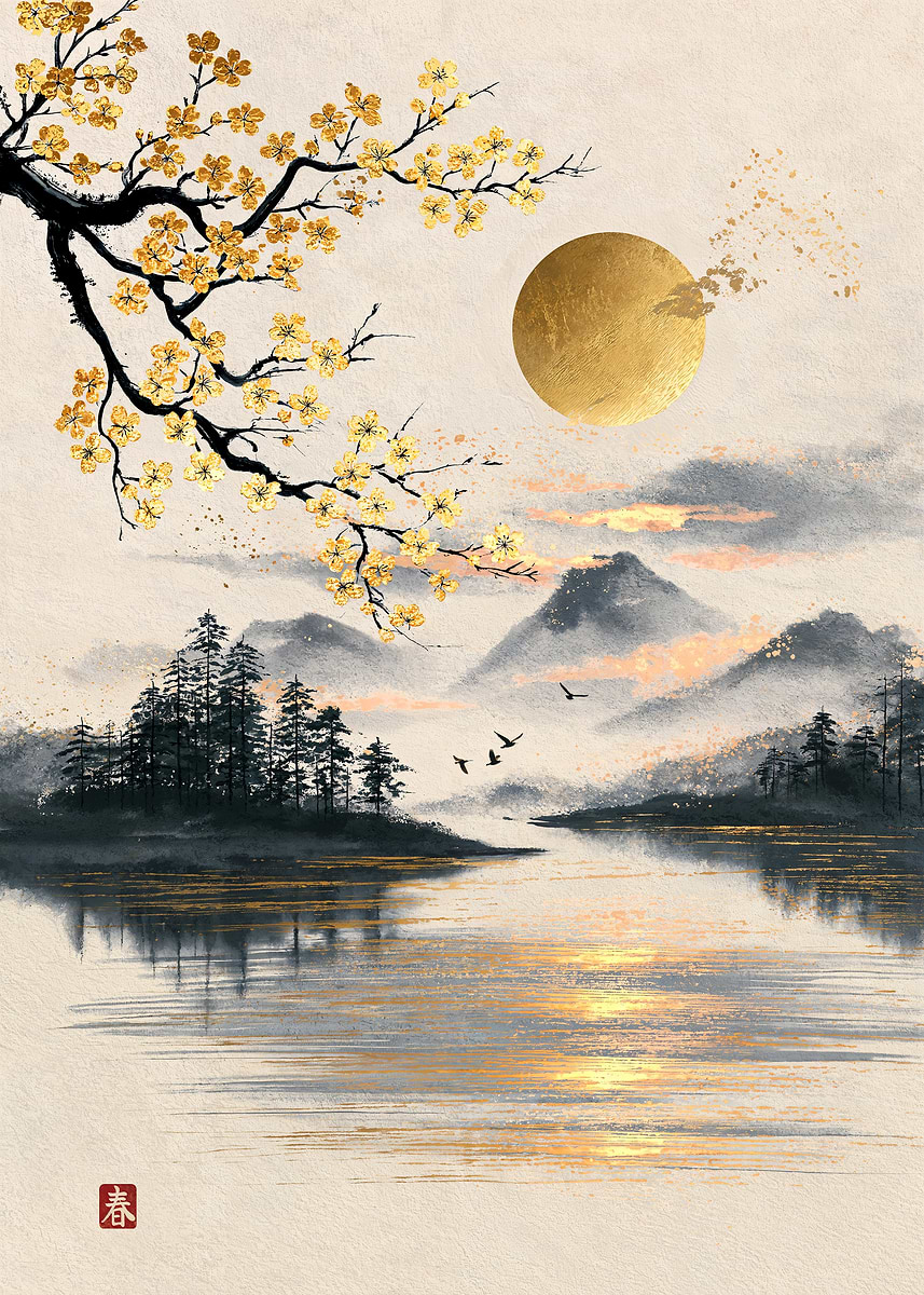 Golden Cherry Blossom Landscape Painting — from the Sumi And Gold collection, a Pixaverse metal print