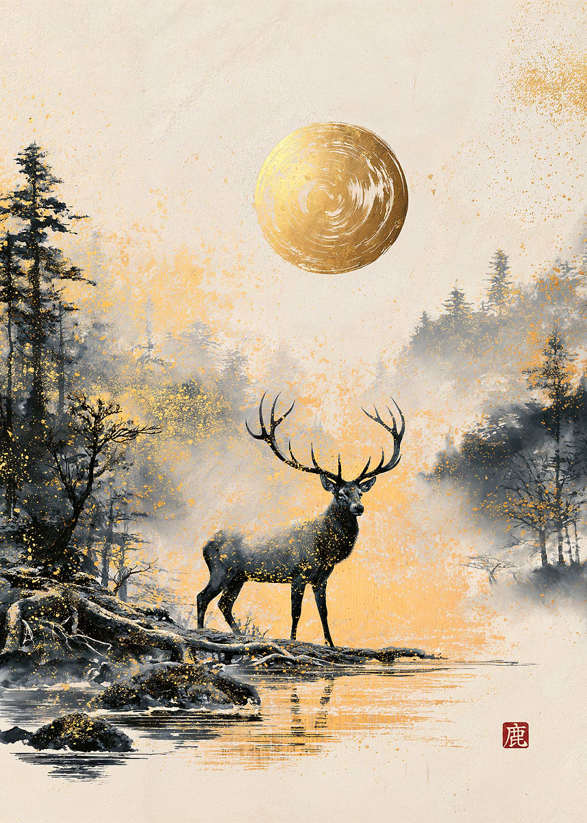 Stag Under the Golden Moon — from the Sumi And Gold collection, a Pixaverse metal print