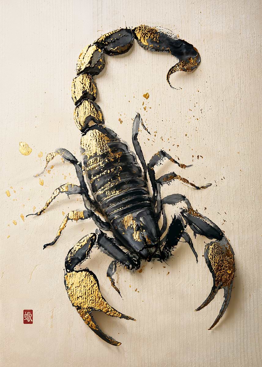 Gold and Black Scorpion Art — from the Sumi And Gold collection, a Pixaverse metal print