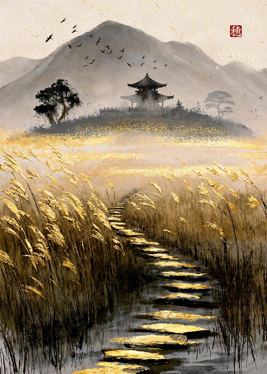 Where the Golden Grass Sways — from the Sumi And Gold collection, a Pixaverse metal print