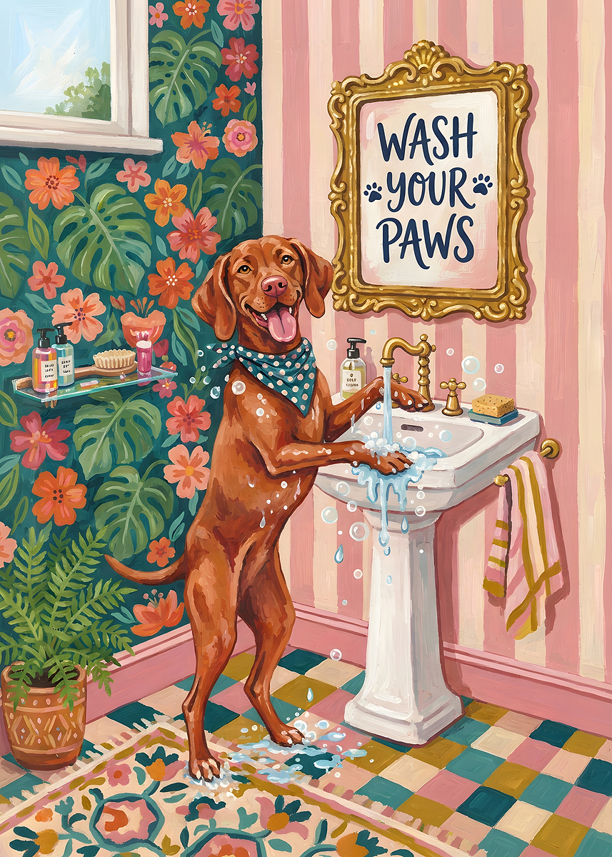 Poster Picture Vizsla Dog Washing Paws in Bathroom Poster, Picture & Metal Print – Pet ...