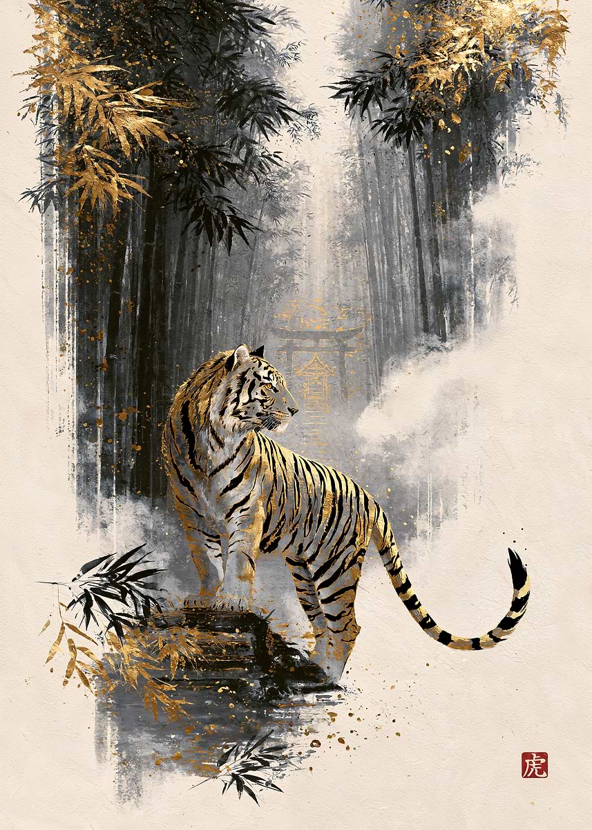 Tiger of the Bamboo Shrine — from the Sumi And Gold collection, a Pixaverse metal print
