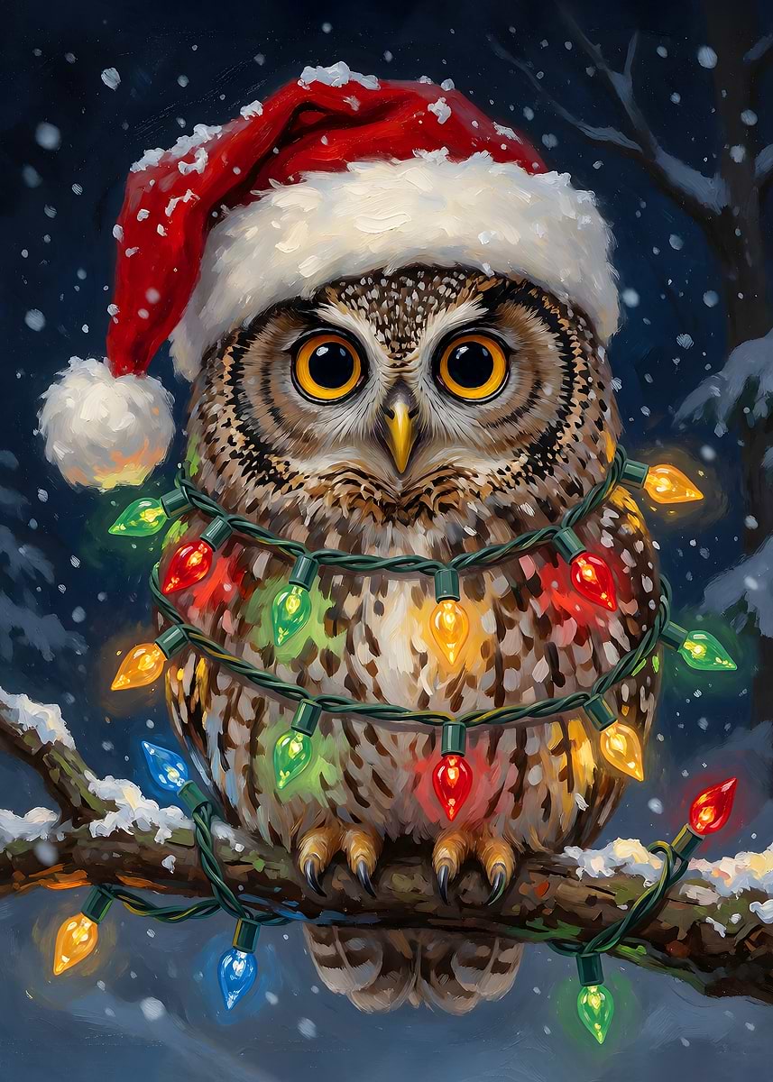Poster Picture Cute Owl Wearing Santa Hat and Christmas Lights Poster, Picture & Metal ...