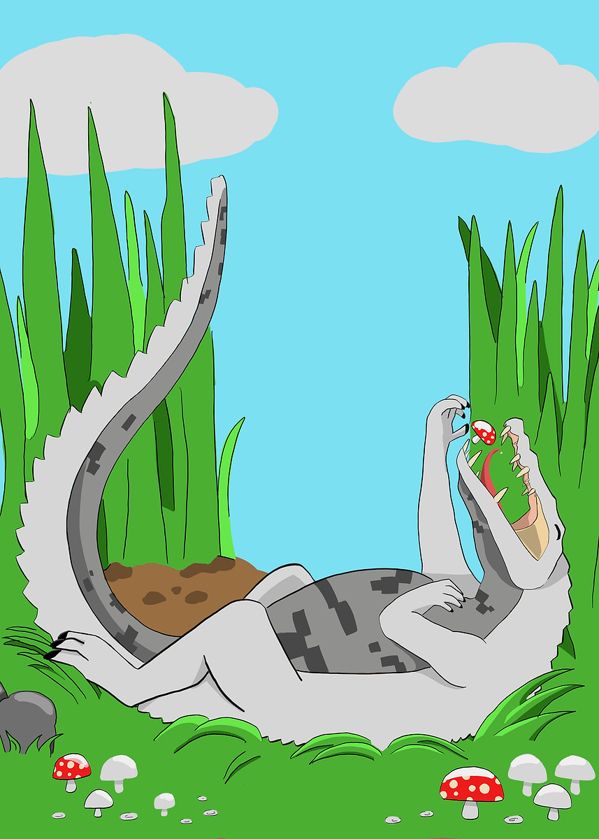 Poster Picture Kaprosuchus and the Mushroom Feast – Whimsical Prehistoric Wildlife Art ...
