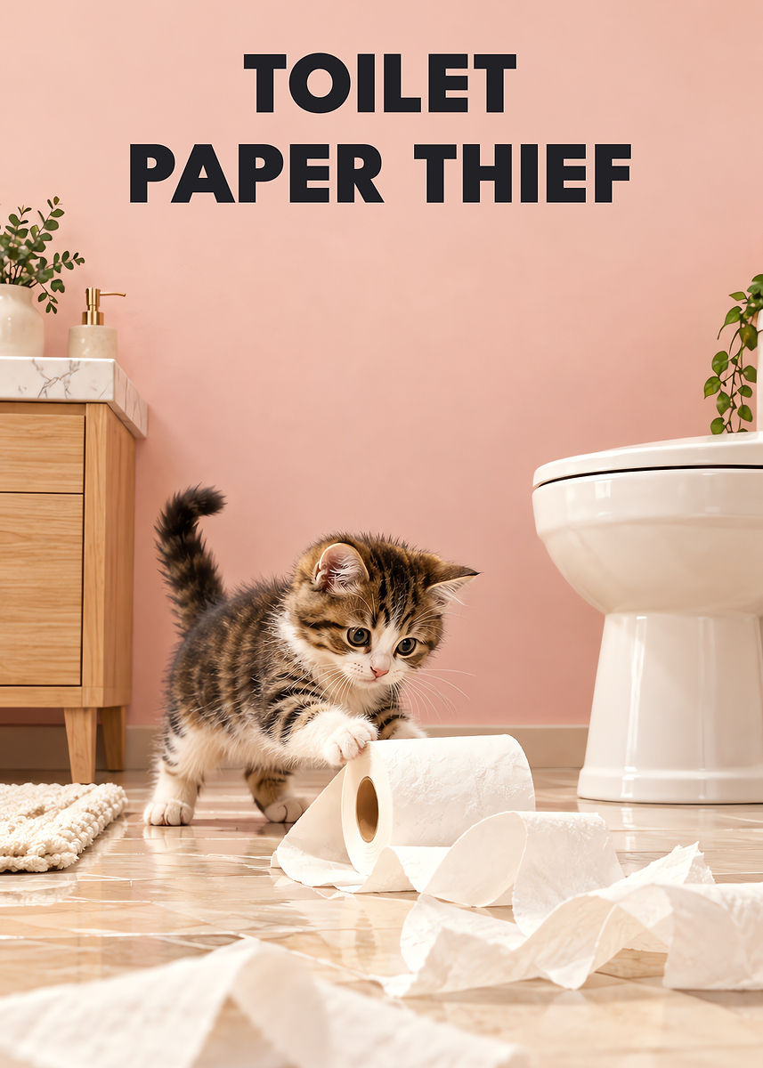 Poster Picture Toilet Paper Thief Kitten Unrolling Paper Funny Art Poster, Picture ...