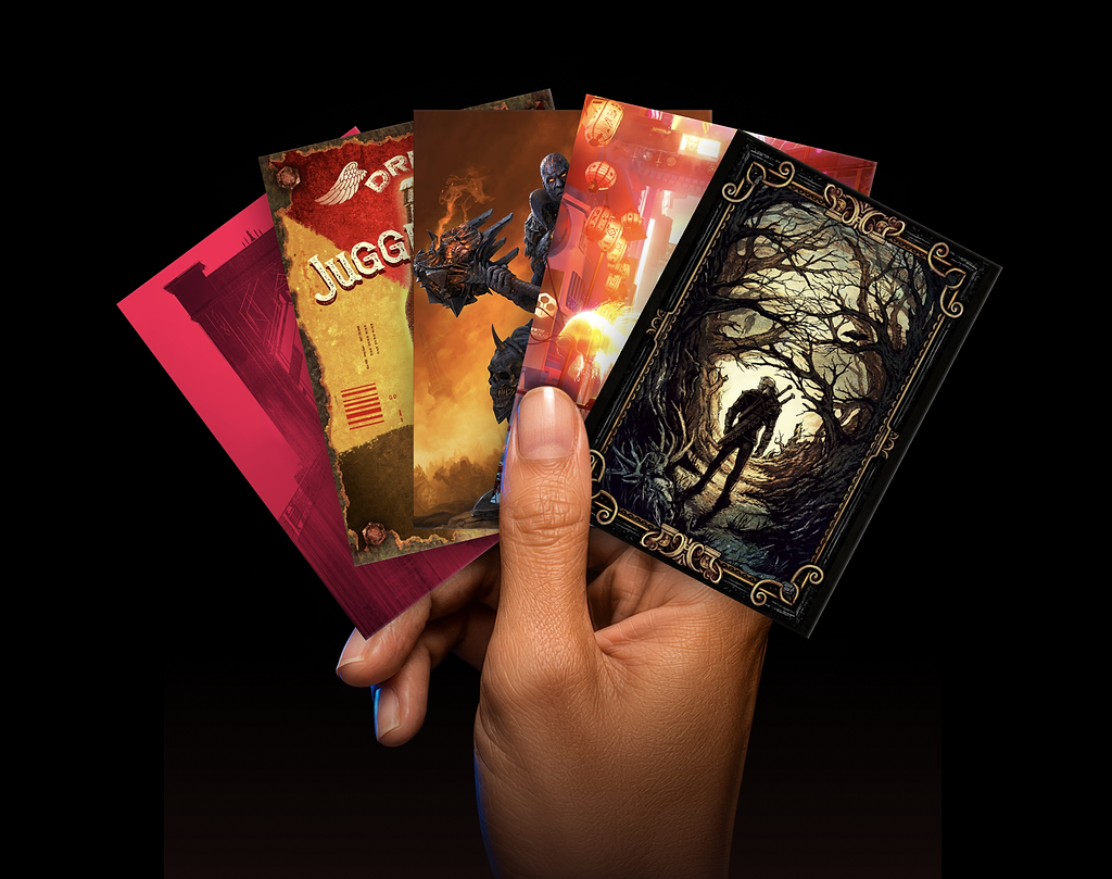 Hand holding a fan of Displate Shards