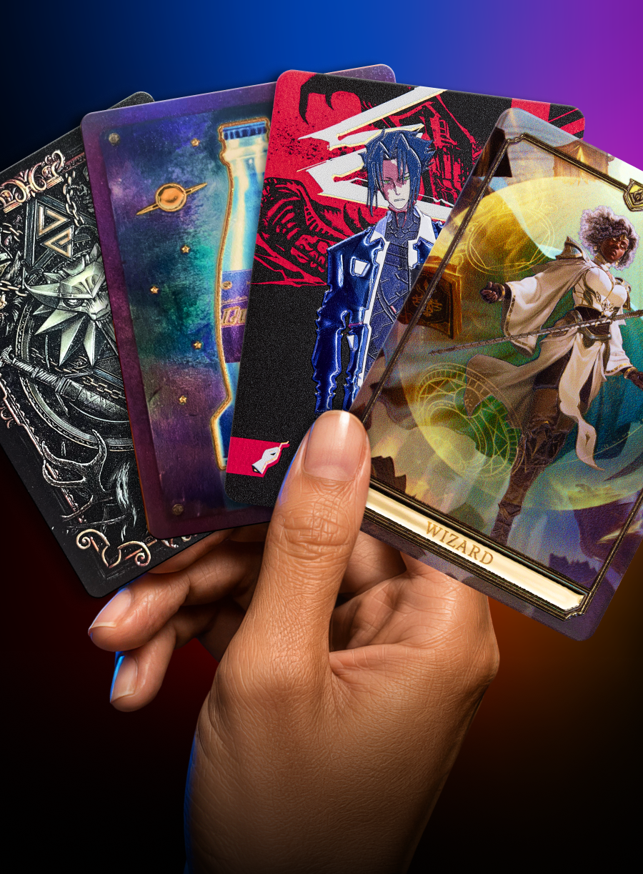 Hand holding a fan of Displate Shards