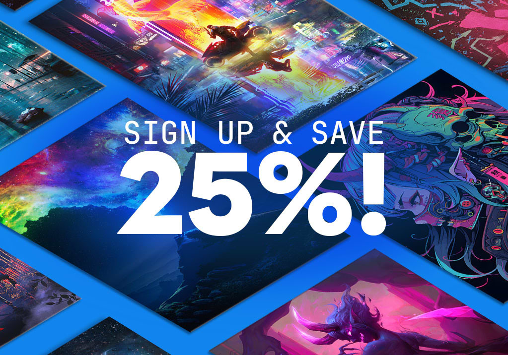 Newsletter signup with 25% discount offer for Displate products