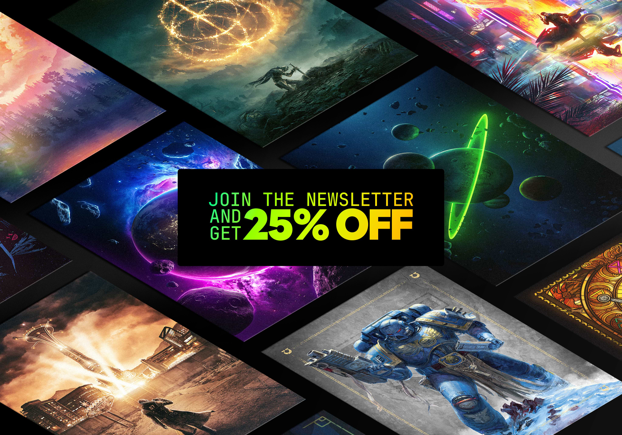 Newsletter signup with 25% discount offer for Displate products