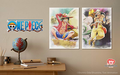 Iconic One Piece moments in watercolor waves